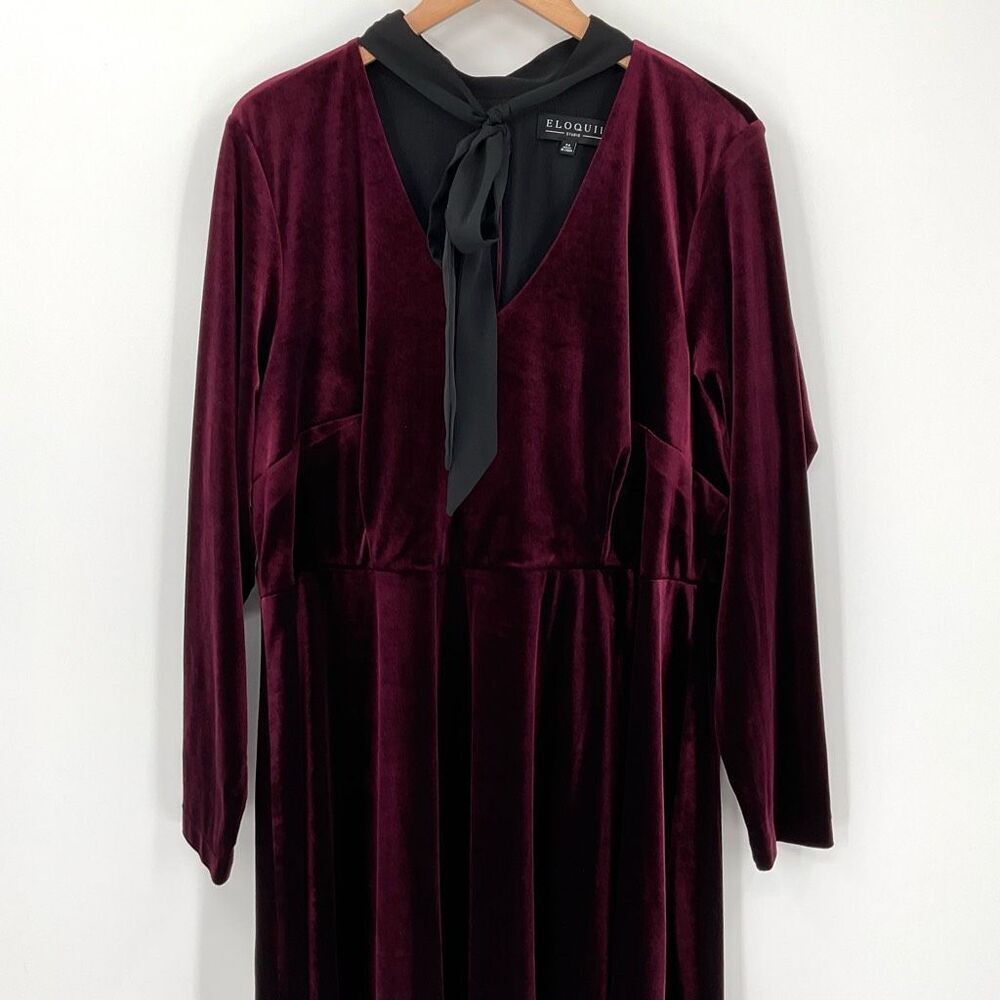 Eloquii‎ Studio Velvet Fit & Flare Dress Long Sleeve Knee Length Maroon Women 24 - Picture 2 of 9